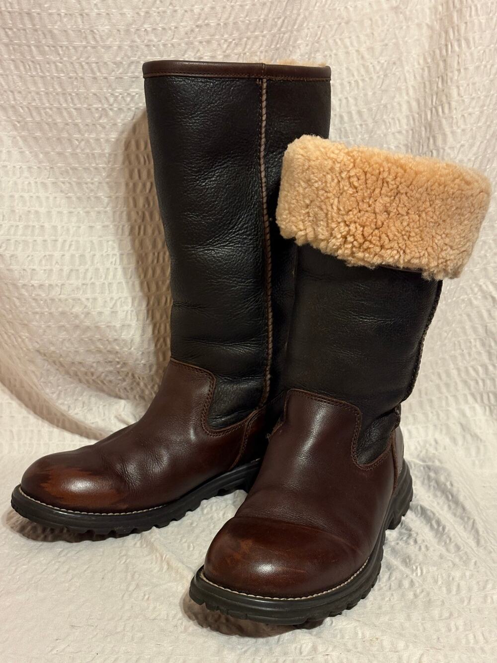 Ugg Brooks 5490 Full Shearing Lining Black Brown Leather Boots Women’s Size 7